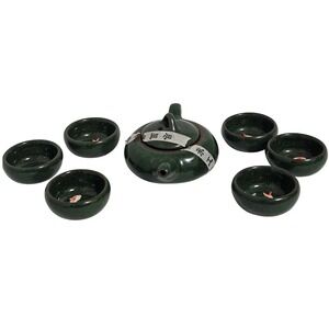 7 Piece Chinese CHINESE GUANYAO Gongfu Tea Set 3D Koi Fish Celadon Dark Green